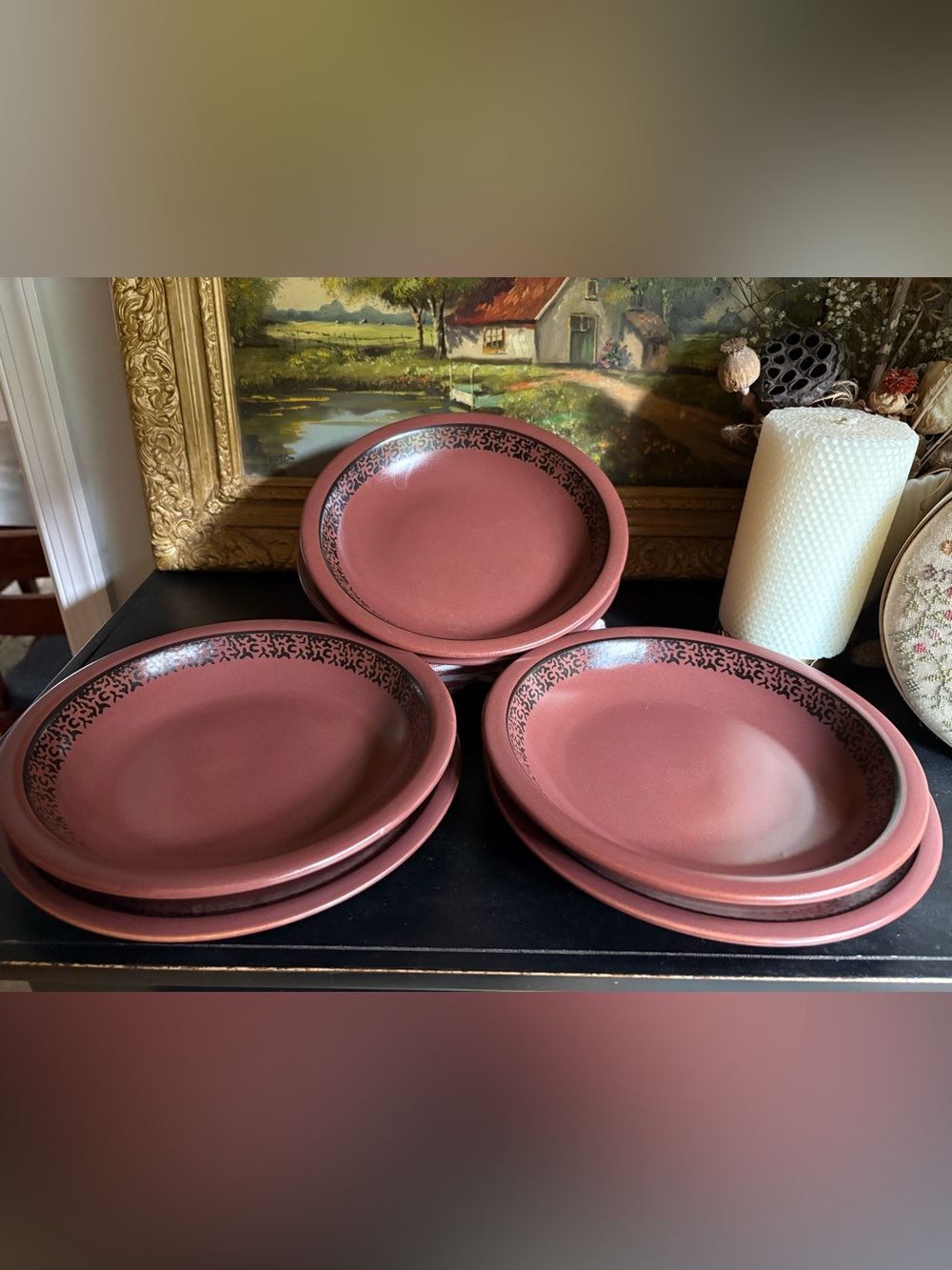 Bolesławiec Set of 6 Brown Pottery Round Plates/ Shallow Dishes Abstract Pattern